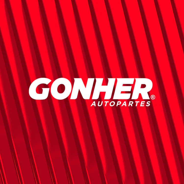 Identidad visual de Gonher Autopartes: logotipo blanco sobre un fondo rojo con franjas diagonales